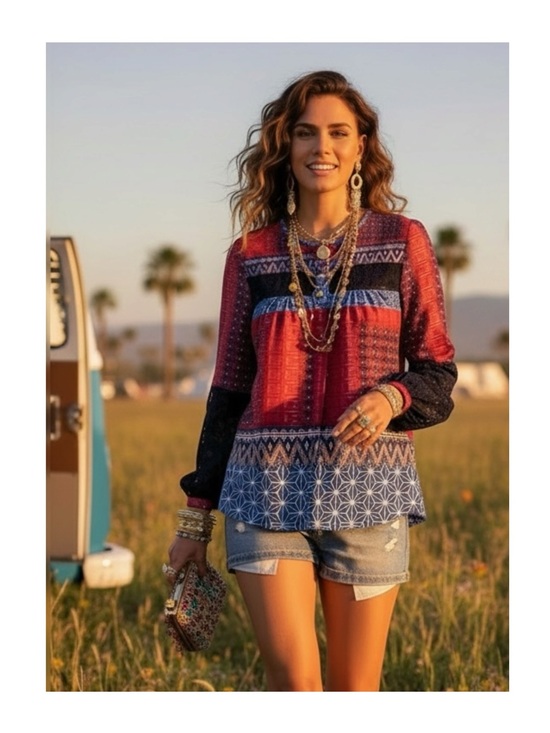 Desigual Tops - Desigual 𑁍 Mona Fucsias Boho Lace Sleeve Printed Button Down Shirt 𑁍 Blue Pink